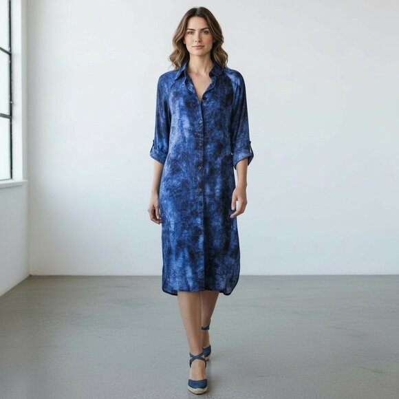 MICHAEL KORS Denim Blue Tie Dye Print Shirtdress Tabbed Sleeves Blue & Black S - Picture 15 of 15